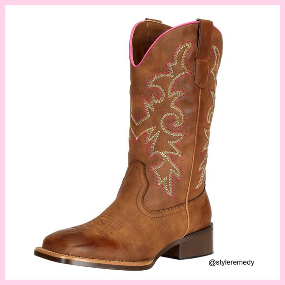 Wide Square Toe Mid Calf Cowboy Boots for Women Western Style